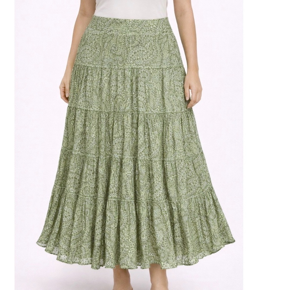 Christopher & Banks midi skirt tiered green floral broom stick SZ 4 BoHo Western